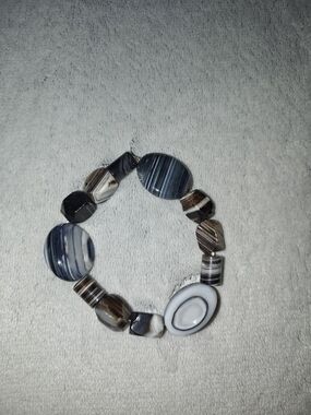 Striped Agate Bead Stretch Bracelet - Gray, White, Brown - Handmade Jewelry